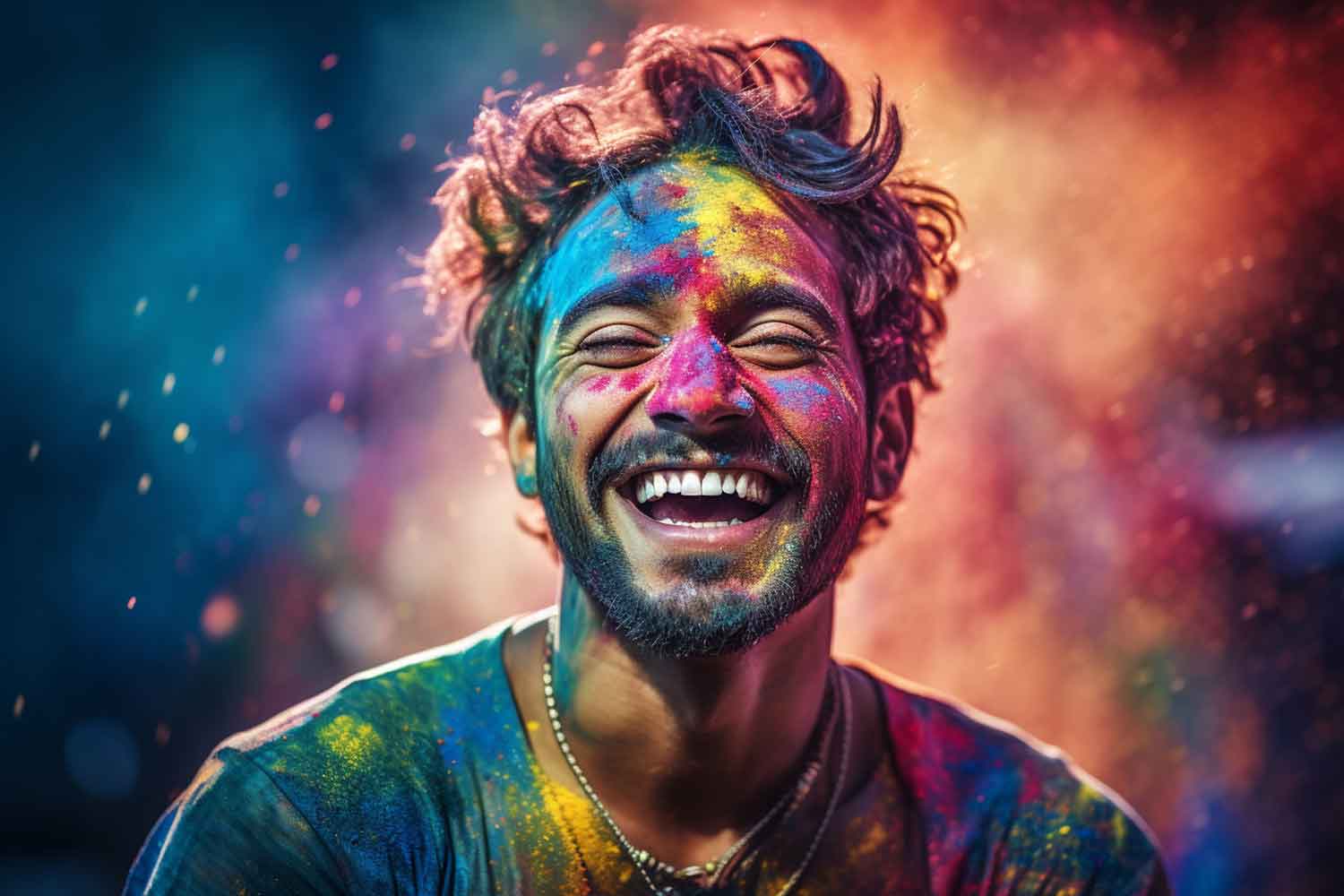 Mann mit buntem Gesicht auf dem Holi Festival, der ausgiebig und unbeschwert lacht