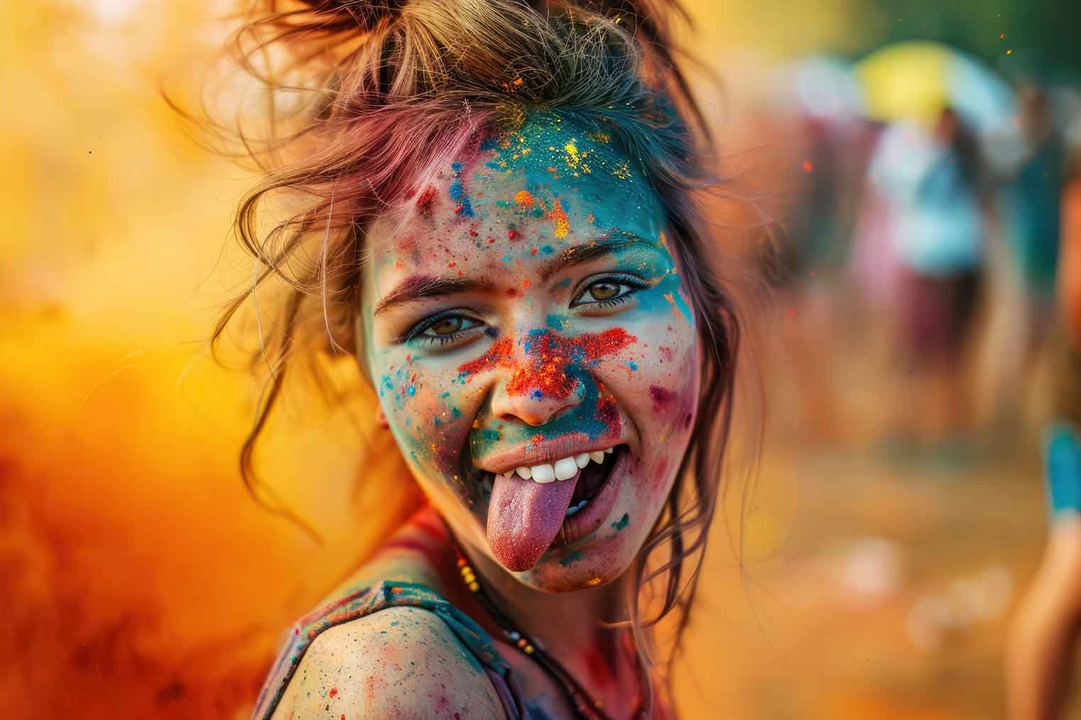 Frau auf Holi Festival mit buntem Gesicht, die ihre Zunge herausstreckt
