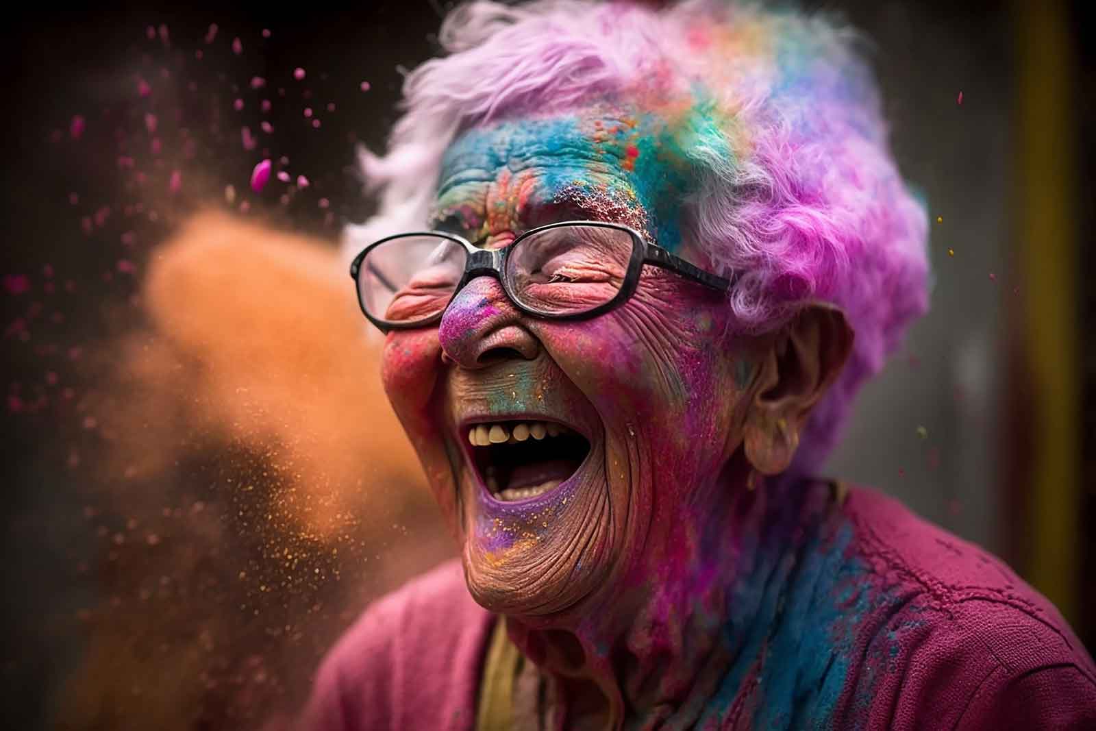 Alte Frau auf Holi Festival mit buntem Gesicht, die befreit lacht